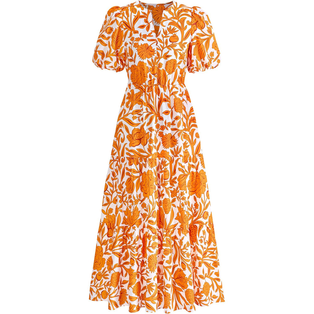 Dowerme Womens Summer Dresses 2026 Casual Puff Short Sleeve V Neck Floral Boho Tiered Ruffle Maxi Dress With Pockets