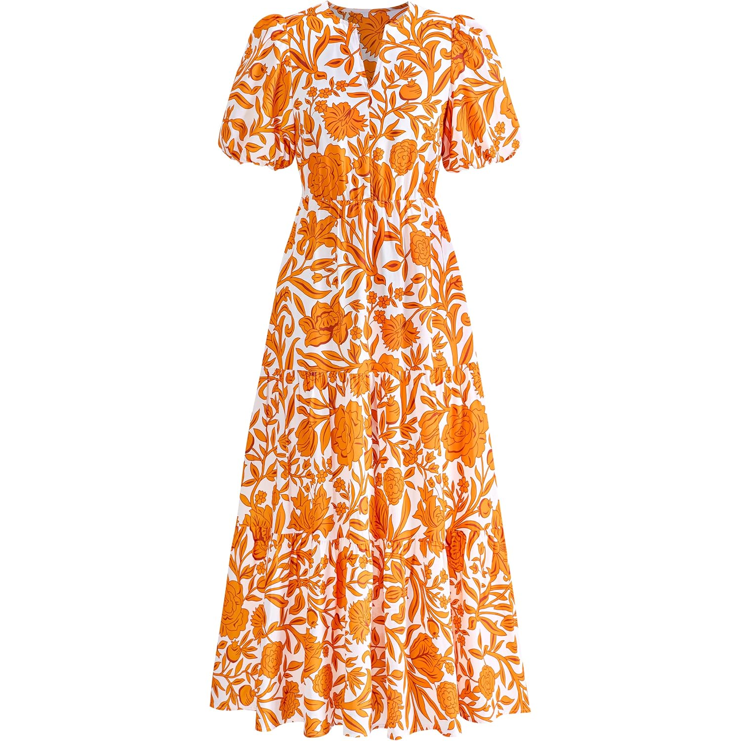 Dowerme Womens Summer Dresses 2026 Casual Puff Short Sleeve V Neck Floral Boho Tiered Ruffle Maxi Dress With Pockets