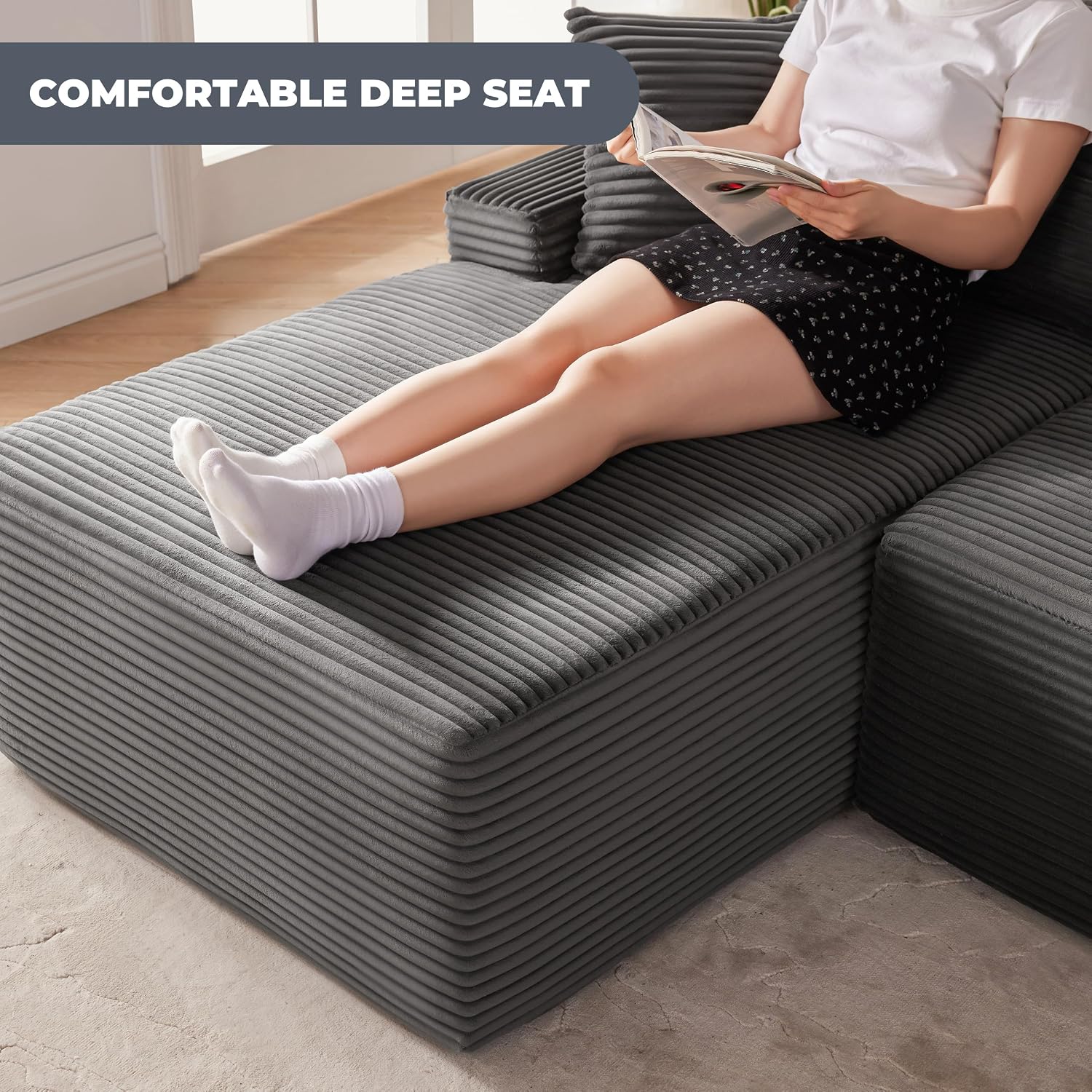 Mangodan Cloud Sectional Couch, Boneless Sofa For Living Room, Fluffy Comfy Couch With Deep Seat, Modular Sectional Sofa With L-Shaped Chaise, No Assembly Required, Dark Grey