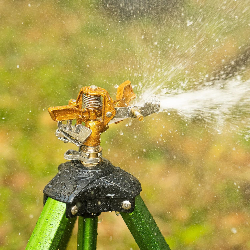 Hourleey Impact Sprinkler On Tripod Base, Heavy Duty Brass Sprinklers For Yard Lawn Garden, 0-360 Degree Large Area Coverage, 3/4 Inch Connector Extension Legs Flip Locks With Brass Sprinkler Head