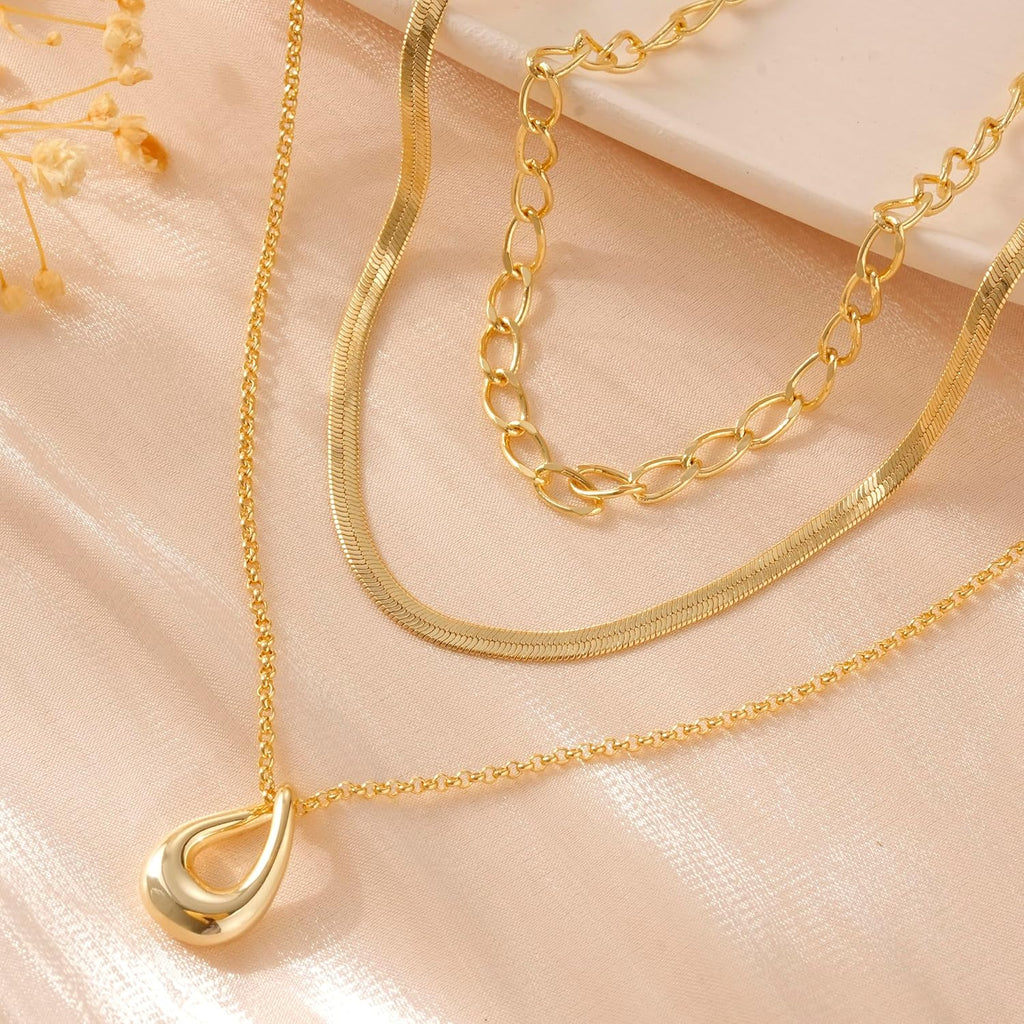 NECOCY Layered Gold Necklaces for Women, Trendy 14k Gold/Silver Plated Pendant Necklace Stack Simple Herringbone Chain Choker Set Gold Jewelry Gifts