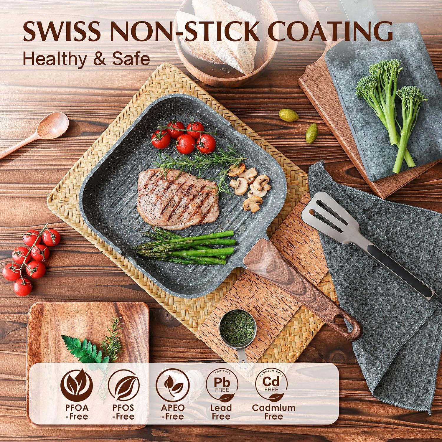 Sensarte Nonstick Grill Pan For Stove Tops, Versatile Griddle With Pour Spouts, Square Big Cooking Surface, Durable Skillet Indoor & Outdoor Grilling. Pfoa Free, 9.5 Inch
