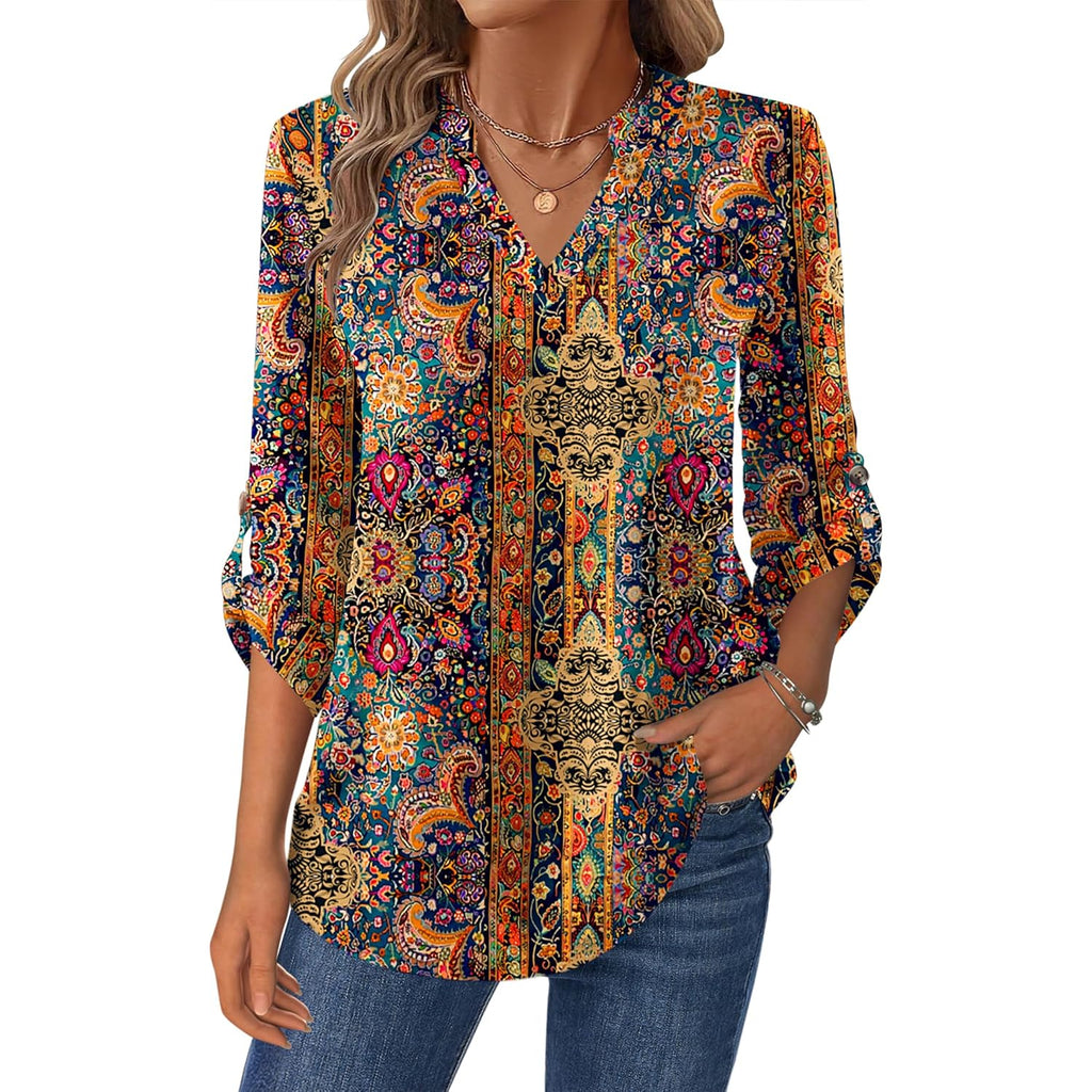 Womens Roll Up Long Sleeve Tops V Neck Shirts Dressy Casual Work Blouses S-2XL