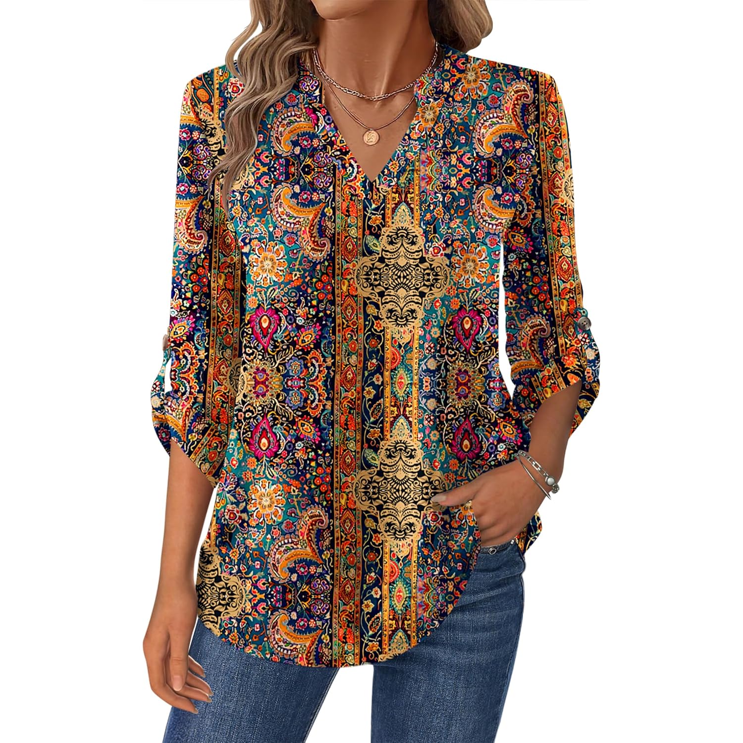 Womens Roll Up Long Sleeve Tops V Neck Shirts Dressy Casual Work Blouses S-2XL