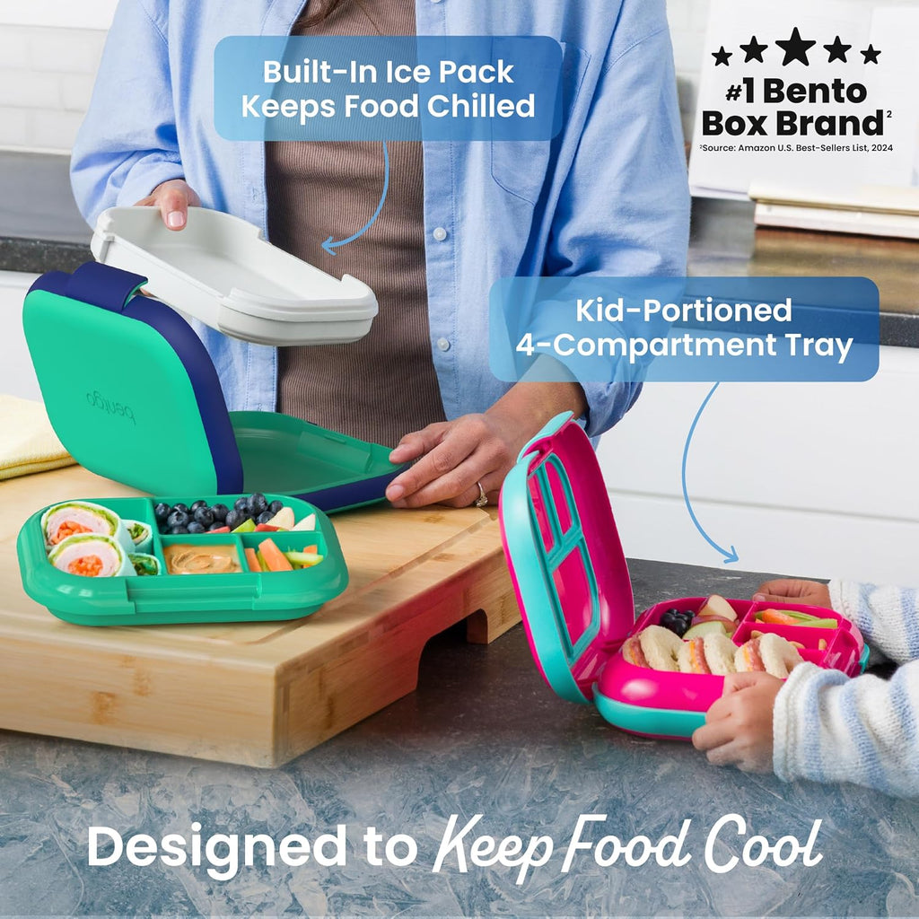Bentgo Chill Kids Leakproof Lunch Box - 4-Compartment Bento Box With Built-In Ice Pack, 3.3 Cup Capacity, Bpa-Free, Microwave & Dishwasher Safe Tray, Ages 3–7 (Green/Navy)
