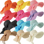 12 Pcs Women'S Wide Brim Straw Hats Floppy Sun Hat Panama Fedora For Tea Party Foldable Sun Visors Summer Beach Cap