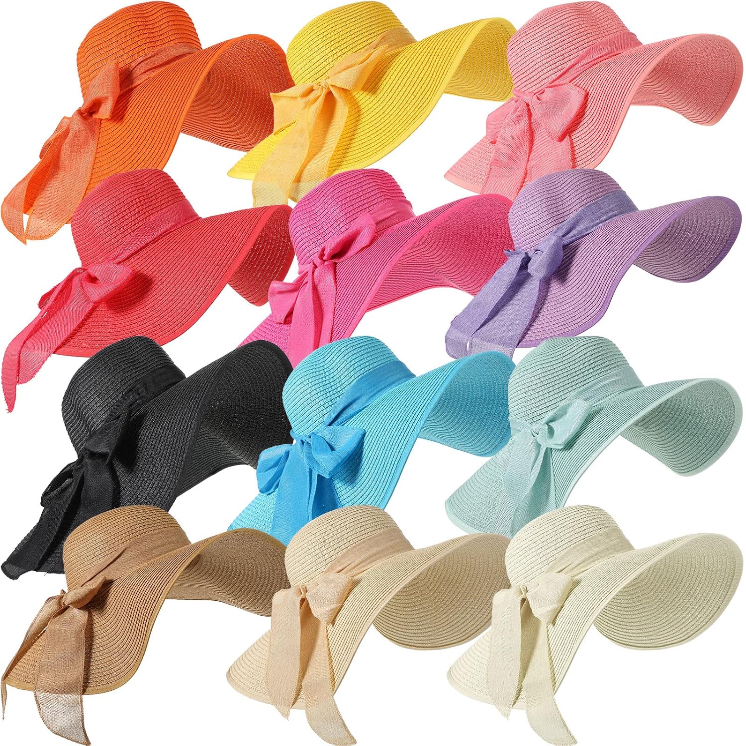 12 Pcs Women'S Wide Brim Straw Hats Floppy Sun Hat Panama Fedora For Tea Party Foldable Sun Visors Summer Beach Cap