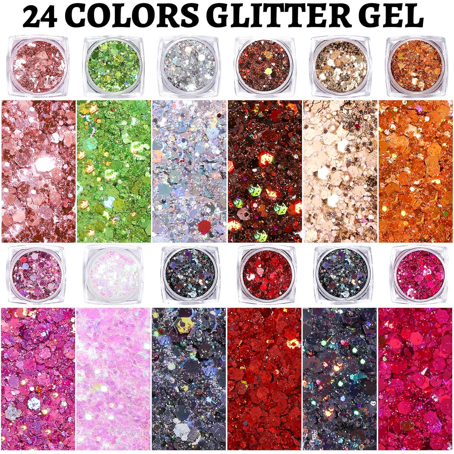 Teenitor 24 Colors Body & Hair Glitter Gel - Face, Body, Hair Glitter for Halloween Makeup Festival