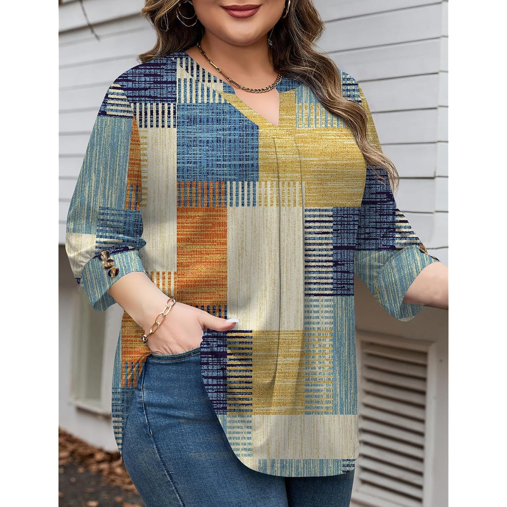 TFSDOD Womens Plus Size Tops 3/4 Length Sleeve Womens Tops V Neck Blouses Pleated Tunic Plus Size Fashion (1X-5X)