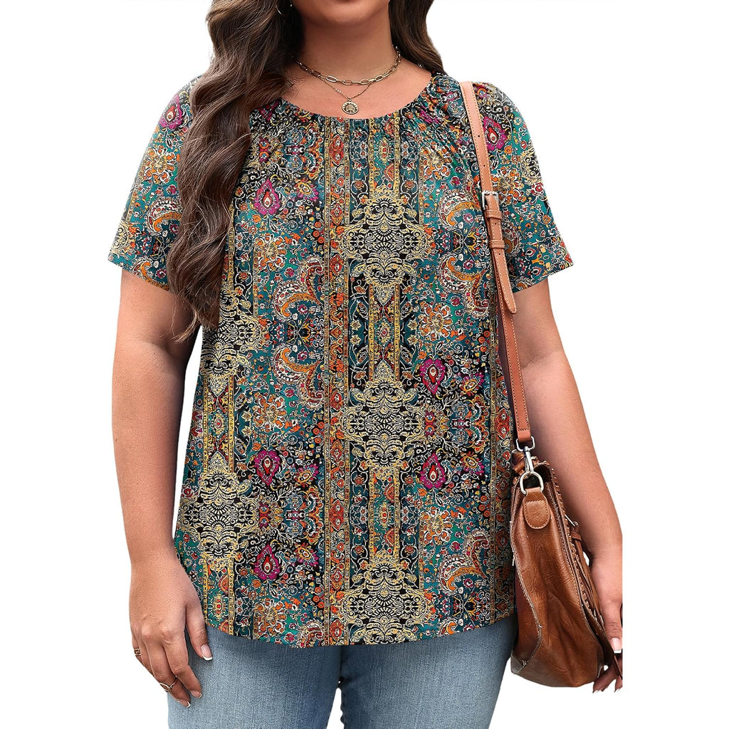 Womens Plus Size Tops Short Sleeve Shirts Crewneck Pleated Blouses Dressy Casual Fashion Tunic Top (1X-5X)