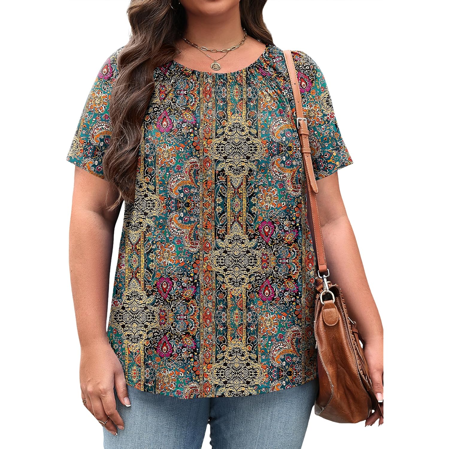 Womens Plus Size Tops Short Sleeve Shirts Crewneck Pleated Blouses Dressy Casual Fashion Tunic Top (1X-5X)
