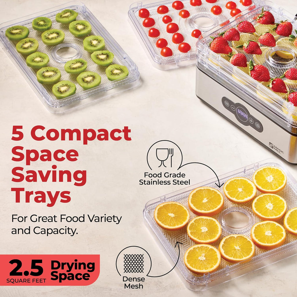 Magic Mill Food Dehydrator Machine | 5 Stackable Stainless Steel Trays, 48H Digital Adjustable Timer & Temperature Control Upto 167° Electric Dryer & Preserver For Jerky, Fruit, Dog Treats & Much More