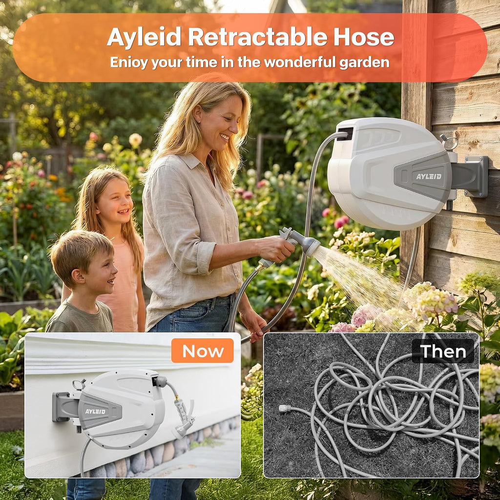 Retractable Rubber Hybrid Garden Hose Reel, 1/2"X100Ft Wall Mount | Anti-Freeze, Kink-Free Premium Rubber Hybrid Hose, 24-Month Warranty, 9-Pattern Sprayer, Any-Length Lock, Slow Auto-Return.