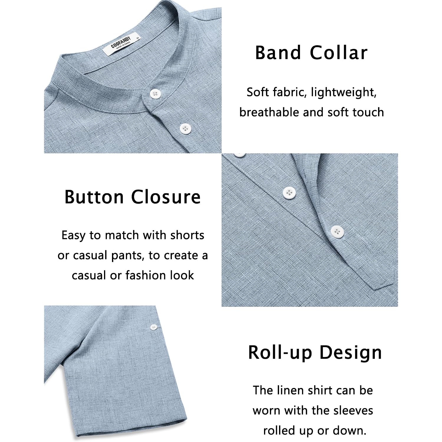 Coofandy Men'S Casual Henley Shirt Short Sleeve Band Collar Linen Shirt Summer Beach Hippie T-Shirts