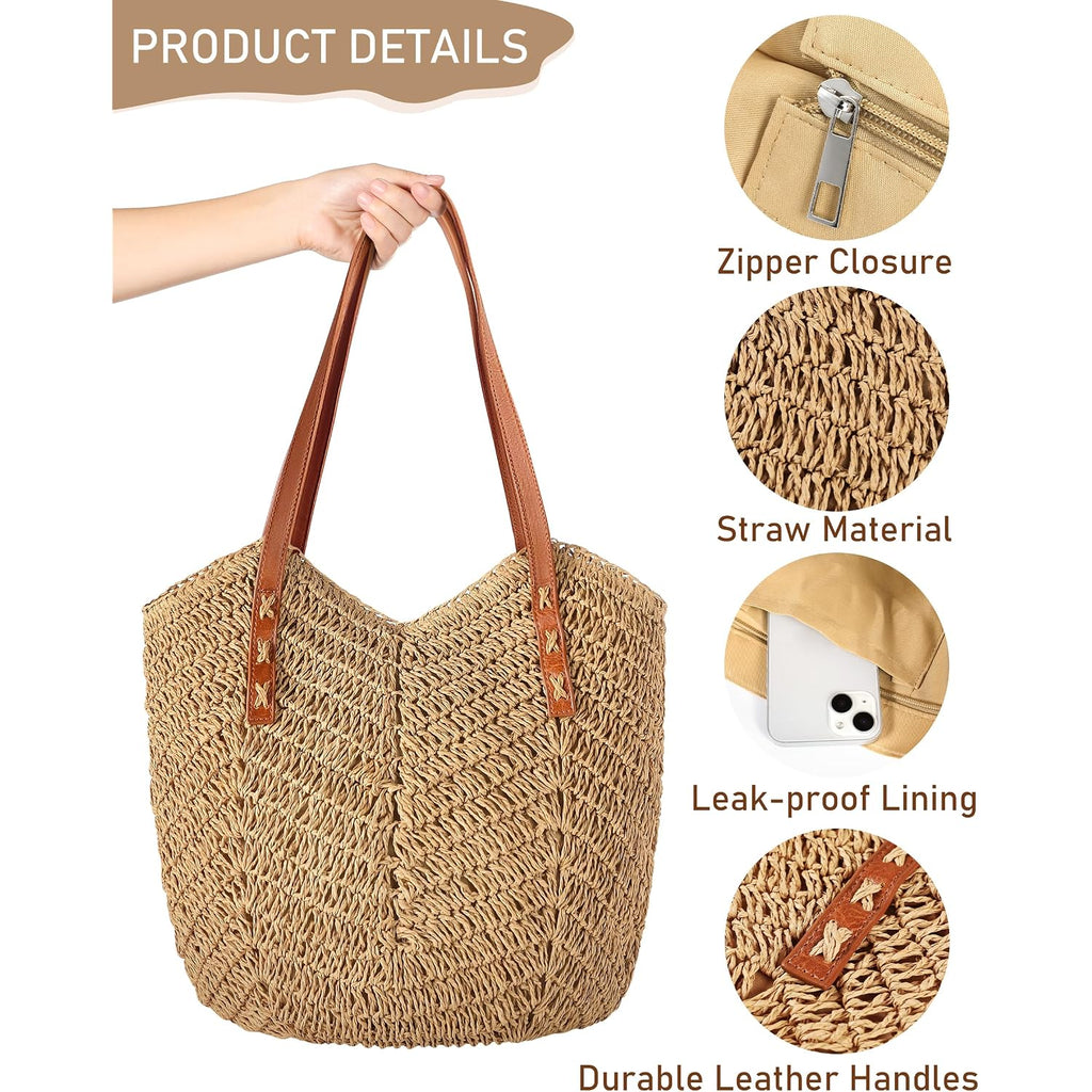 Beach Bags For Women - Straw Bag With Zipper, Soft Woven Beach Bag, Casual Straw Shoulder Bag For Daily Use