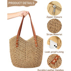 Beach Bags For Women - Straw Bag With Zipper, Soft Woven Beach Bag, Casual Straw Shoulder Bag For Daily Use
