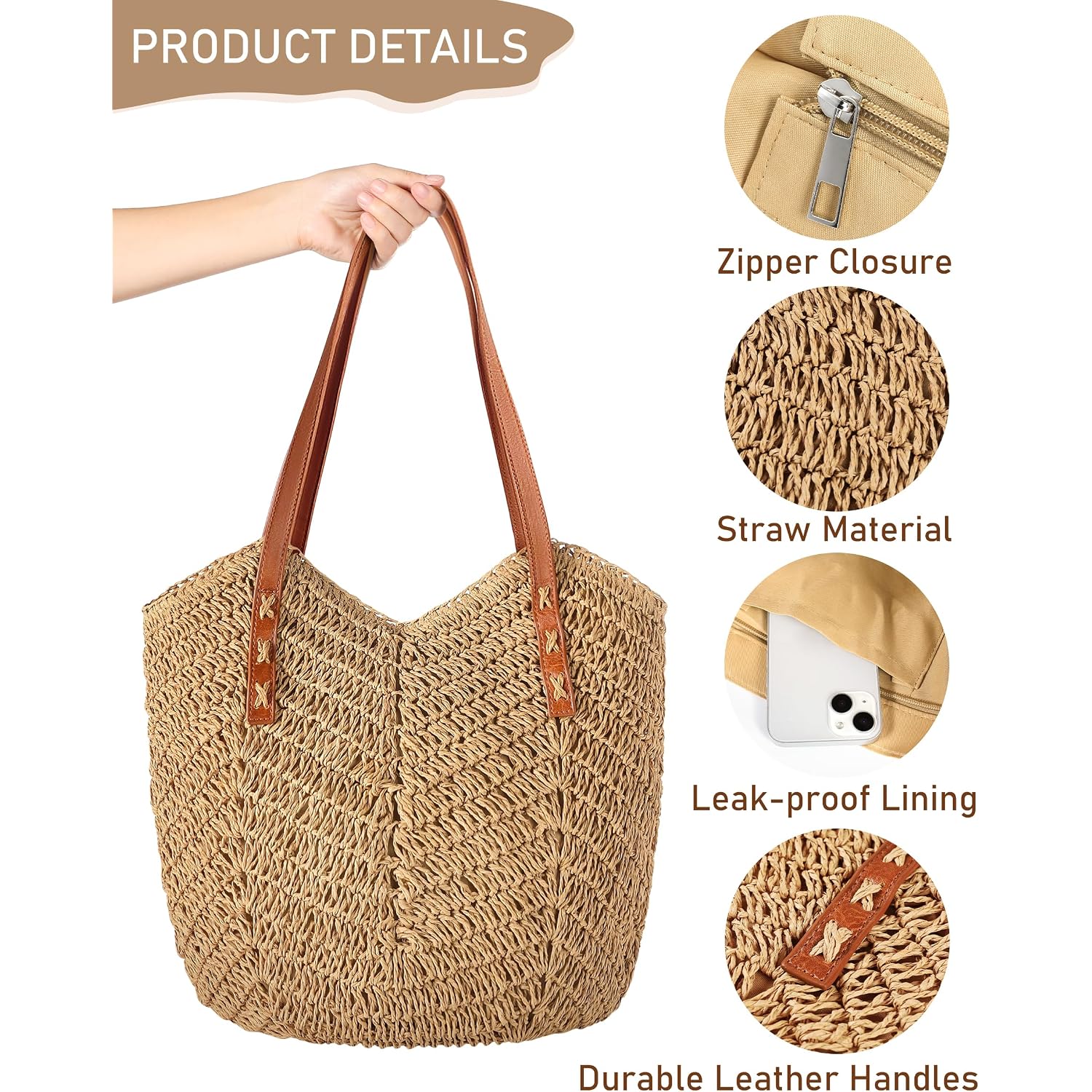 Beach Bags For Women - Straw Bag With Zipper, Soft Woven Beach Bag, Casual Straw Shoulder Bag For Daily Use
