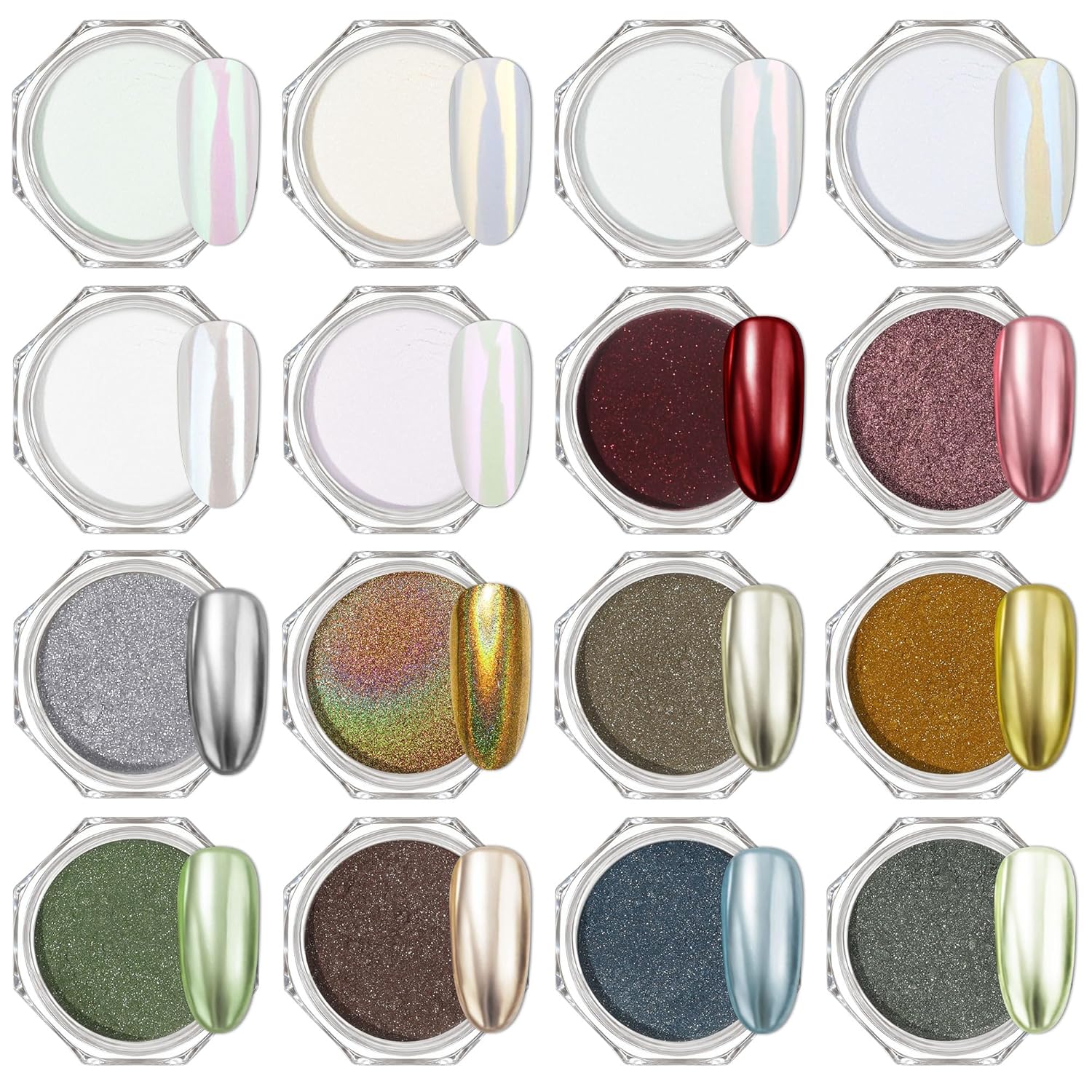 Artdone 16Jars Chrome Nail Powder Magic White Pearl Kit Colored Mirror Effect Silver Gold Metallic Stuff Holographic Dip Nail Pigment Powder For Resin Craft & Nail Art Accessories Decoration Supplies
