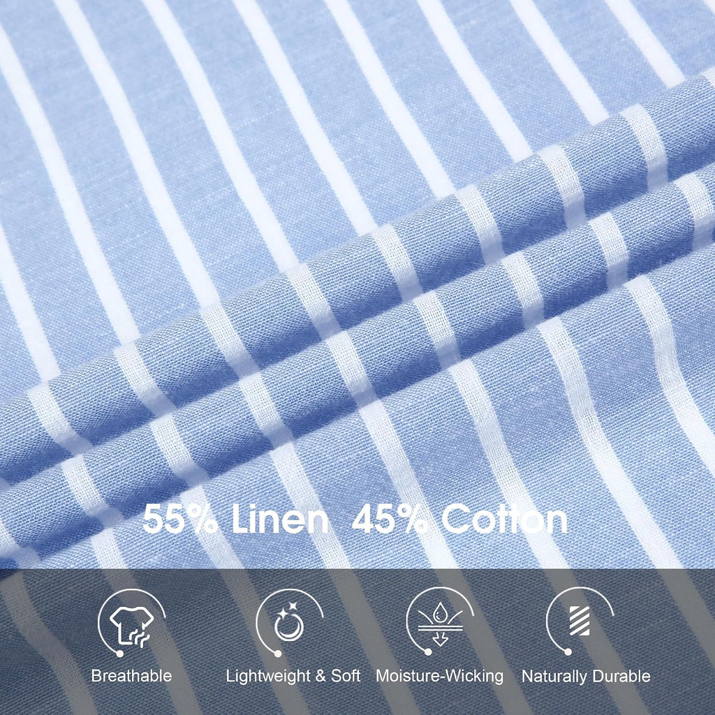 Damipow Mens Linen Shirts Short Sleeve Cotton Striped Casual Button Down Shirt Beach Vacation Summer Shirts