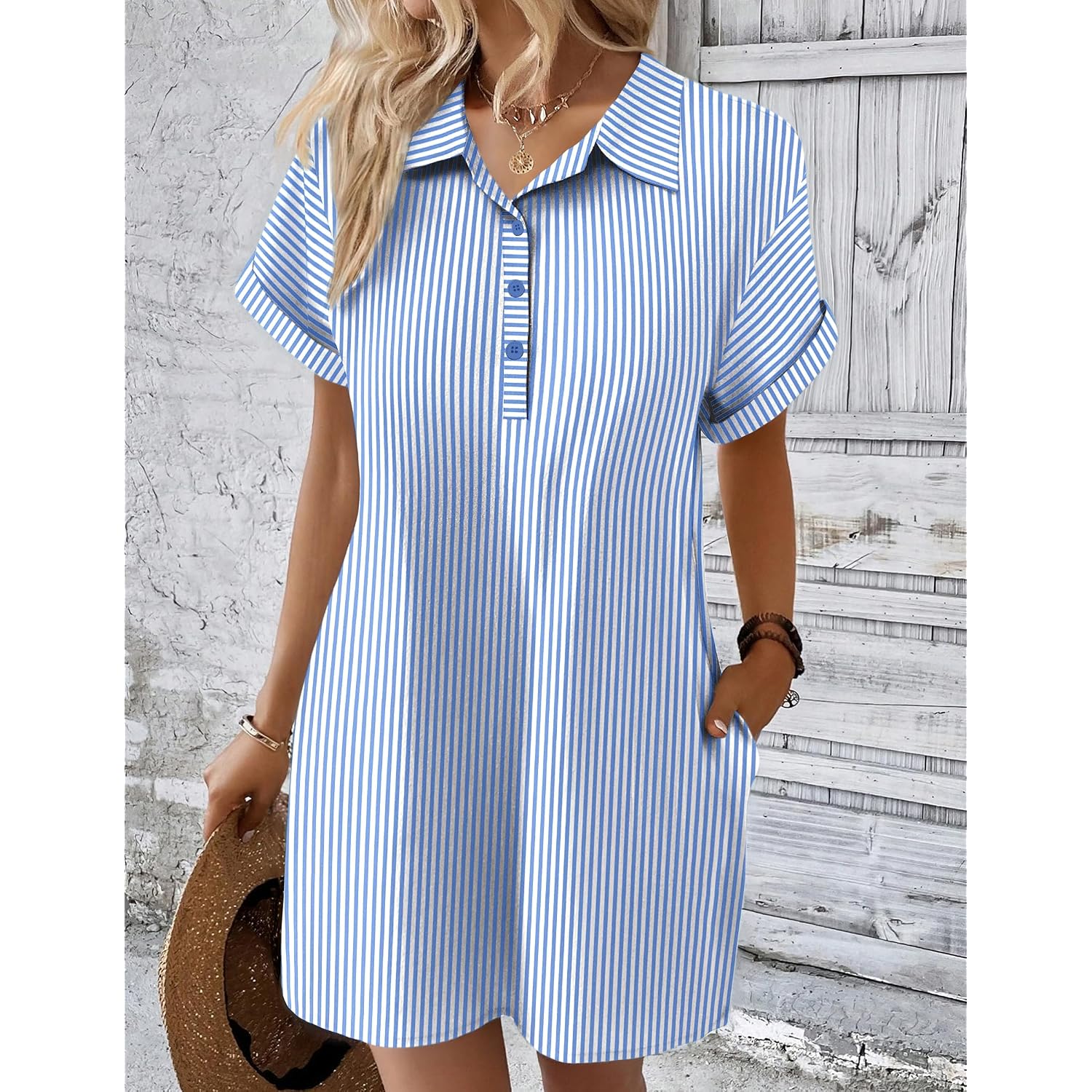 Zeagoo Womens Cotton Shirt Dress Summer Casual Short Sleeve Button Down Beach Cover Up Shirts With Pockets