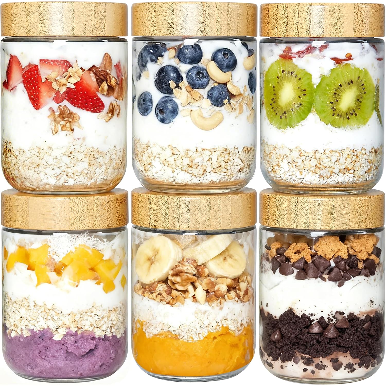 Vtopmart 6 Pack 16Oz Glass Overnight Oats Containers With Bamboo Lids, Portable Wide Mouth Glass Jars Leak Proof, Reusable Glass Food Storage Containers For Yogurt Chia Pudding Salad Pickling Snacks