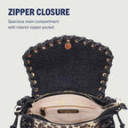 True Religion Denim Eyelet Trim Flap Bag, Studded Lace-Up Crossbody Shoulder Handbag With Horseshoe Logo, Leopard