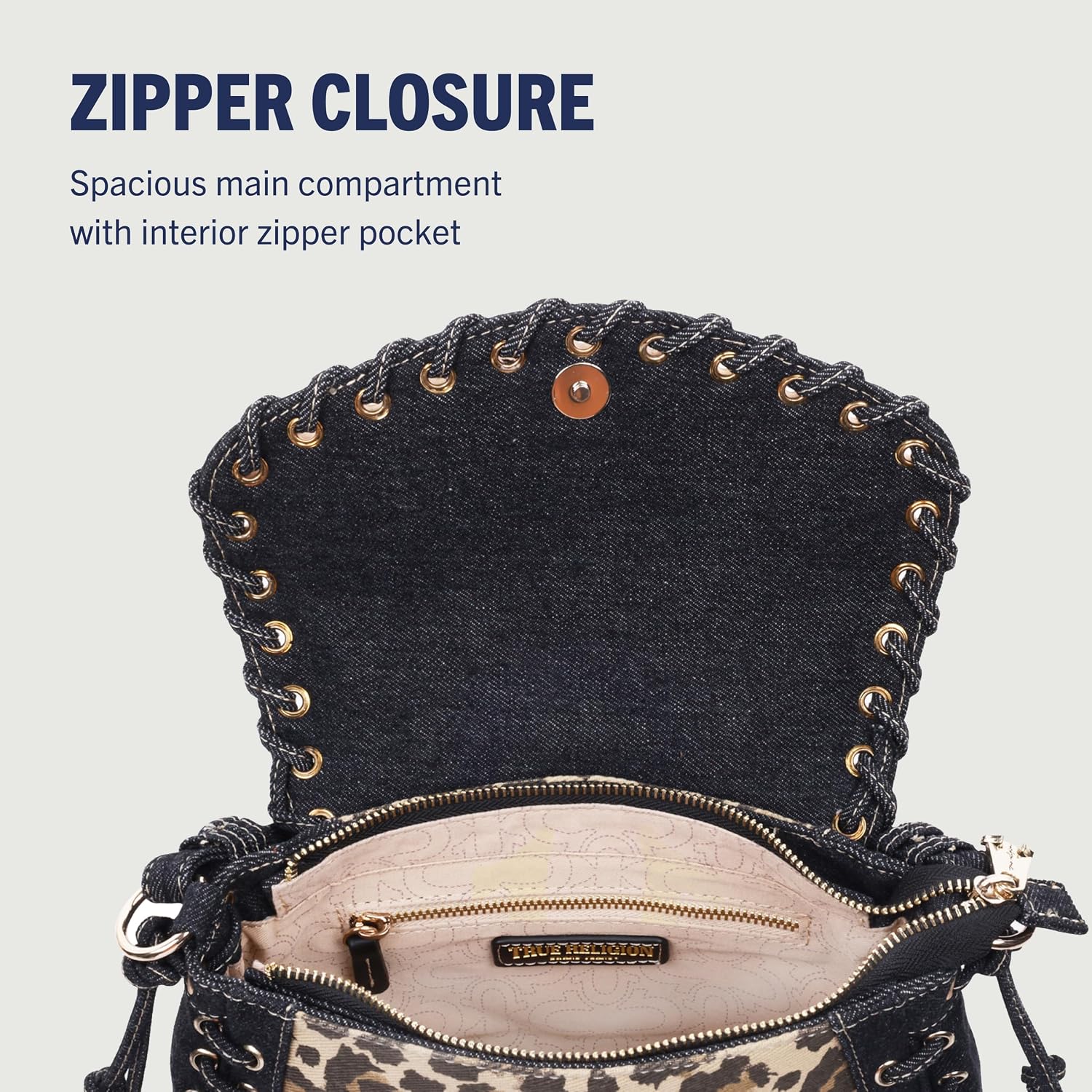 True Religion Denim Eyelet Trim Flap Bag, Studded Lace-Up Crossbody Shoulder Handbag With Horseshoe Logo, Leopard