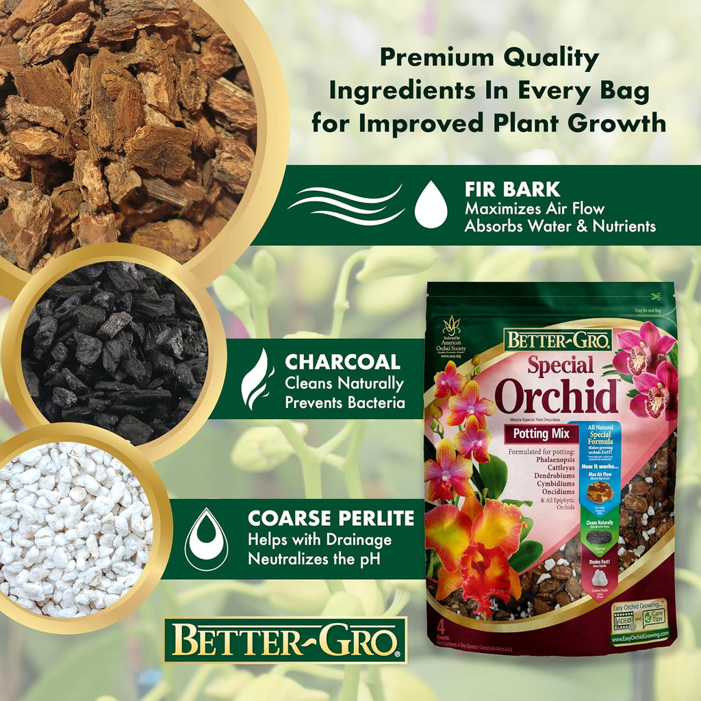 Better-Gro Special Orchid Mix - Premium Grade Orchid Bark Potting Mix For Potting, Repotting, Enhanced Drainage, Air Flow & Root Ventilation, Ideal For Phalaenopsis, Cattleyas, Dendrobiums - 4 Quarts