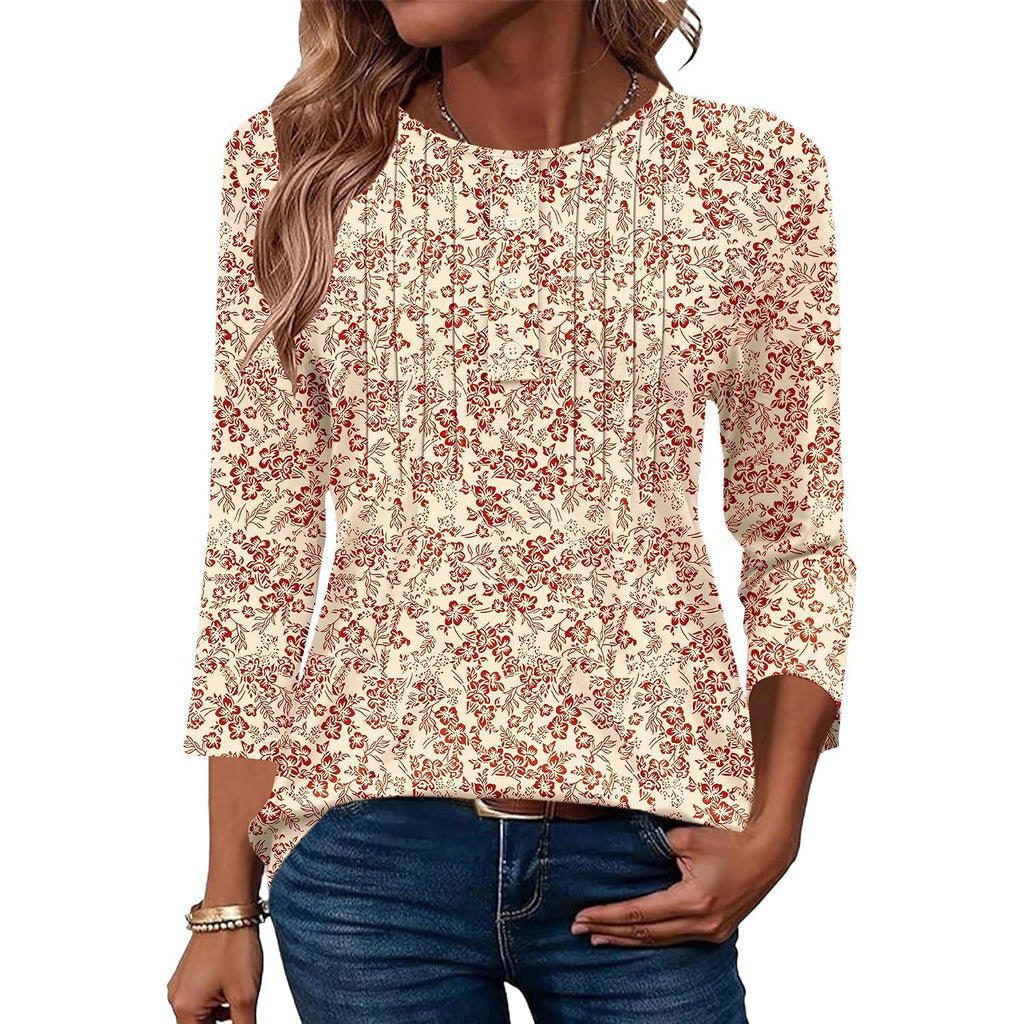 Ivicoer Women'S 3/4 Length Sleeve Tops Crewneck Button Pleated Dressy Casual Blouses