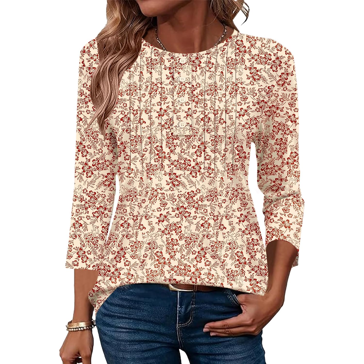 Ivicoer Women'S 3/4 Length Sleeve Tops Crewneck Button Pleated Dressy Casual Blouses