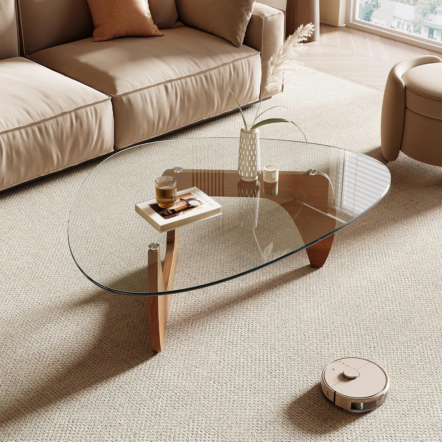 Morden Coffee Table, 42.5" X 28.5" X 16.1" Triangle Tempered Glass Top For Living Room, Color: Natural Wood