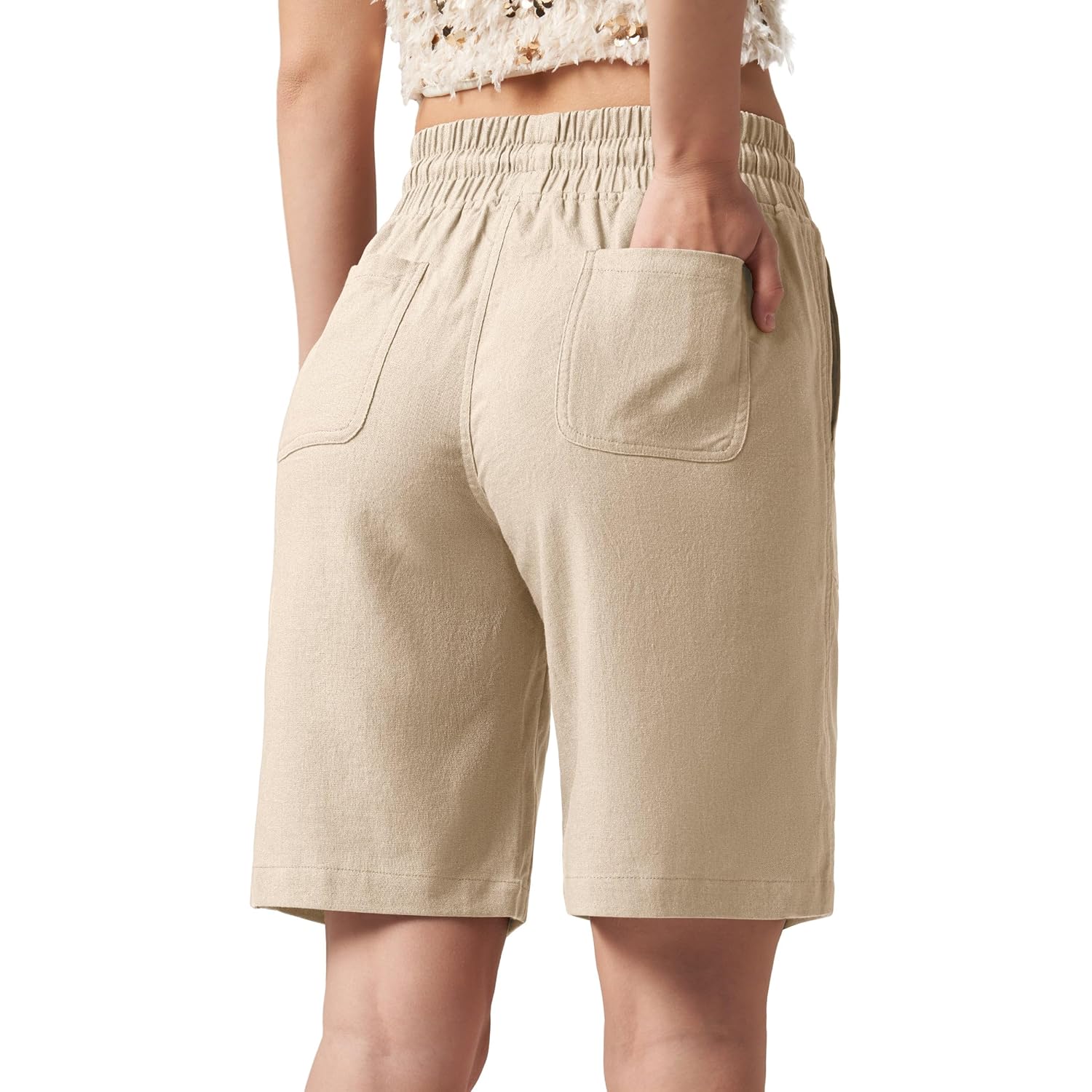 Women's Linen Shorts Casual Bermuda Long Linen Shorts High Waisted Comfy Summer with Pockets 5" 10"