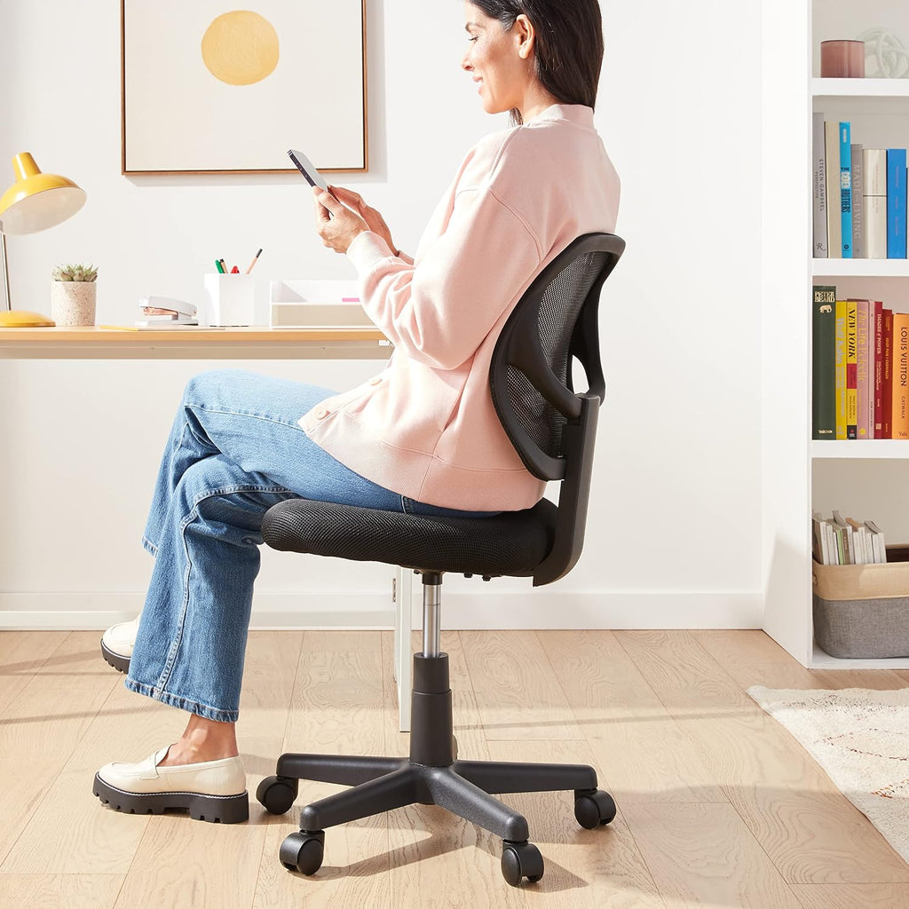 Amazon Basics Low Back Office Chair, Breathable Mesh, Height Adjustable, Padded Seat, Rolling Wheels, Swivel, Back Support, Sturdy, 21.25" D X 22.5" W X 38" H, Black