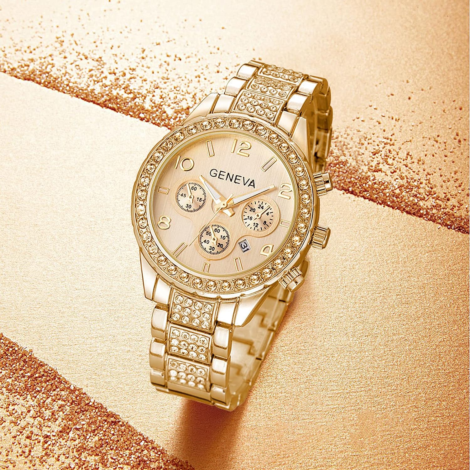 Gosasa Luxury Unisex Crystal Diamond Watches Quartz Digital Calendar Rose Gold Silver Stainless Steel Watch