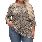 Lomon Womens Plus Size Tops 3/4 Length Sleeve Womens Tops Pleated Crewneck Fall Shirts Summer Blouses 2026 (1X-5X)