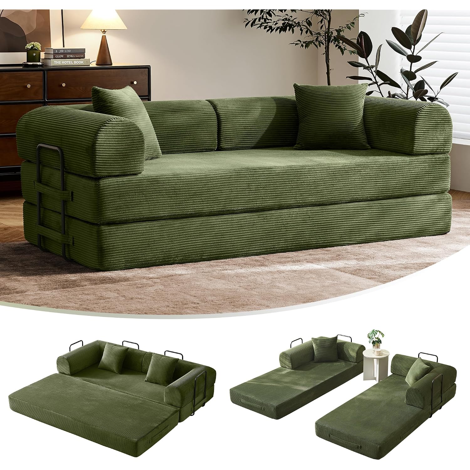 79" Convertible Sofa Bed With Fixed-Shape Frame & Removable Armrests, Modular Corduroy Sleeper Sofa, Folding Mattress Couch For Small Spaces - No Assembly Needed In Green (Includes 2 Pillows)