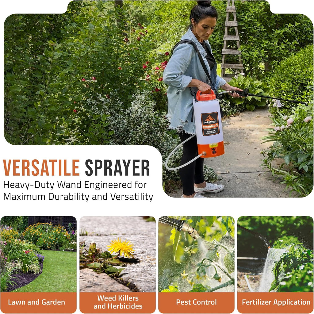 Petratools Hd2000-S 2 Gallon Battery Powered Garden Sprayer, 2 Hour Runtime | Rechargeable Weed Sprayer W/ 4 Ft Hose, Wand, 2 Nozzles - For Lawn Care, Weed & Pest Control, Fertilizing - Up To 20 Ft Reach