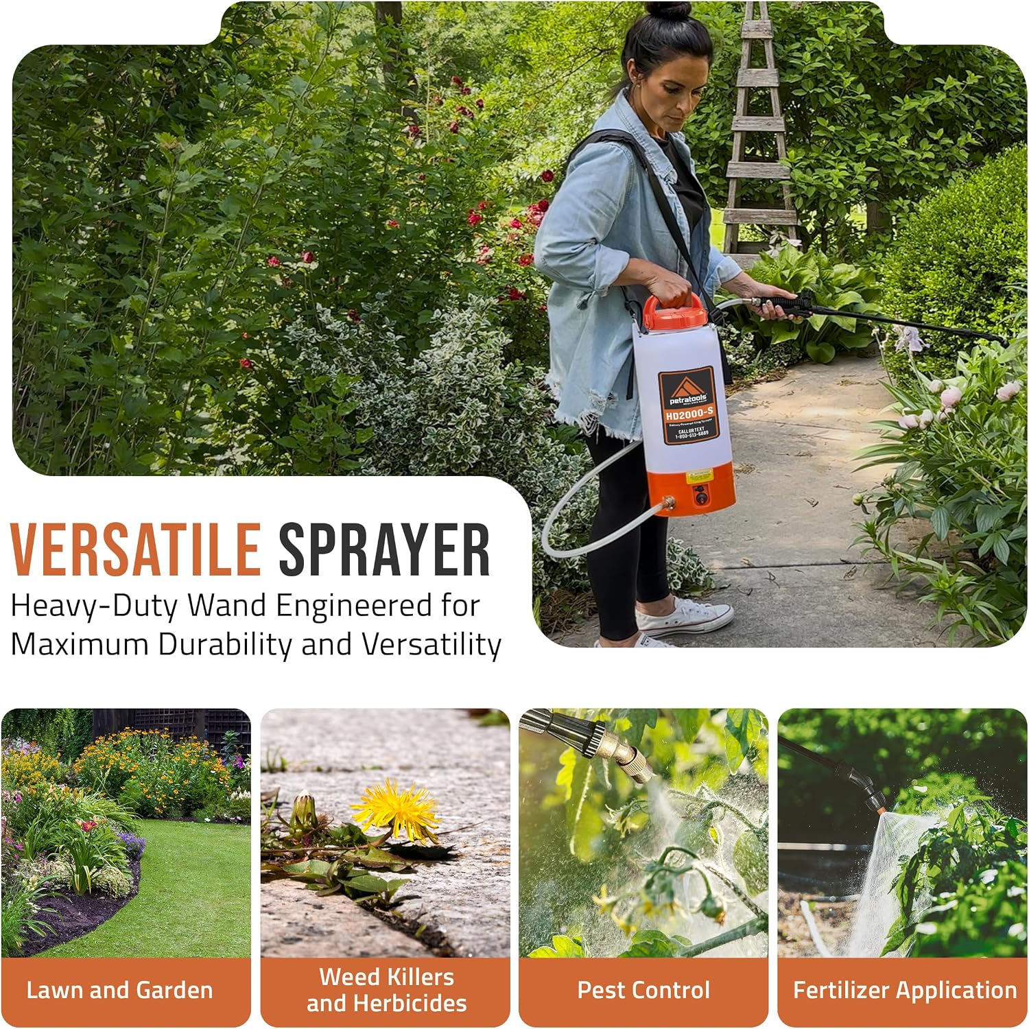 Petratools Hd2000-S 2 Gallon Battery Powered Garden Sprayer, 2 Hour Runtime | Rechargeable Weed Sprayer W/ 4 Ft Hose, Wand, 2 Nozzles - For Lawn Care, Weed & Pest Control, Fertilizing - Up To 20 Ft Reach
