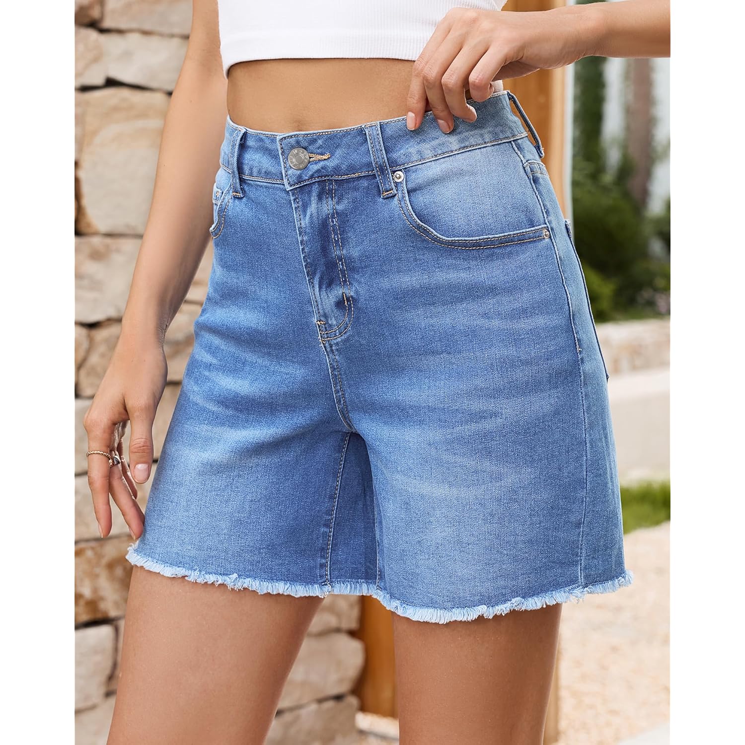 Jean Shorts for Women High Waisted Raw Hem Mid Thigh Cut Off Stretchy Denim Shorts Casual Summer Jorts