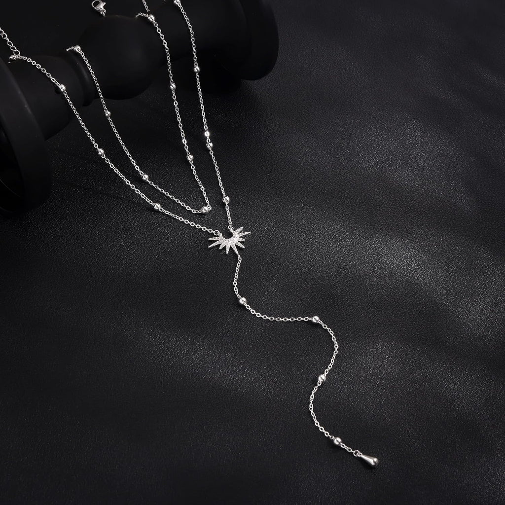 CHESKY Long Necklaces for Women, 14k Gold Plated/Streling Silver Lariat Necklace Dainty Statement Prom Necklace Rosary Cross Sun Drop Pendant Dangle Necklace Gold Prom Jewelry for Women Gifts