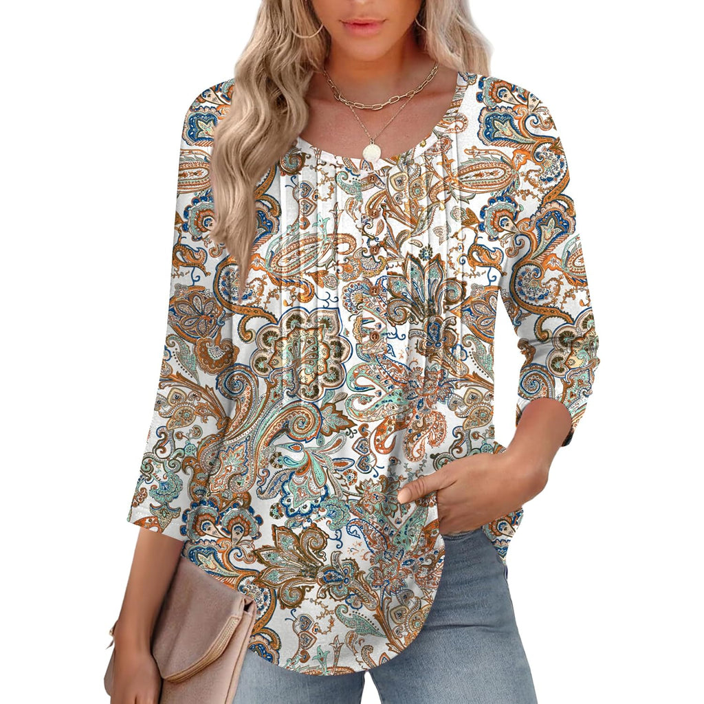 3/4 Length Sleeve Womens Tops Round Neck Casual Summer Tunic Tops Basic Tees Blouses Dressy T-Shirts Pleated Shirts