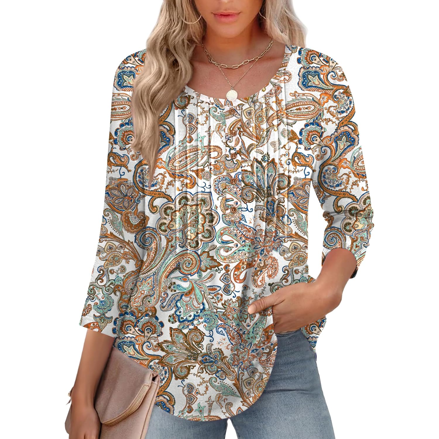 3/4 Length Sleeve Womens Tops Round Neck Casual Summer Tunic Tops Basic Tees Blouses Dressy T-Shirts Pleated Shirts