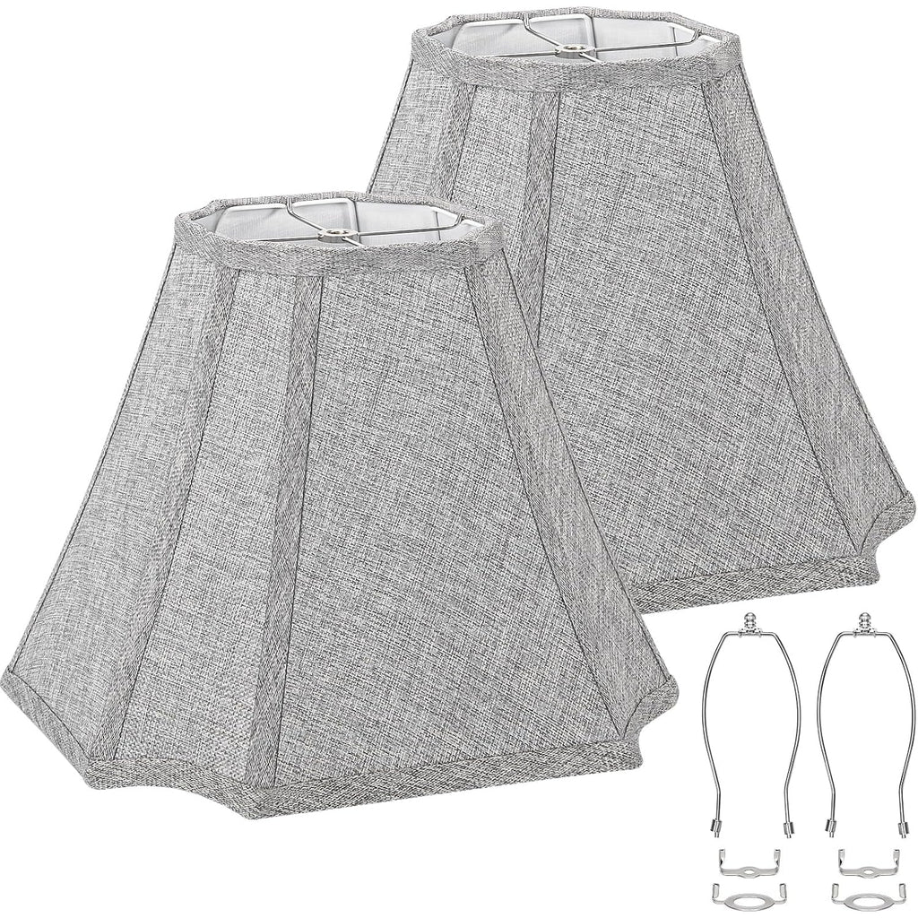Square Cut Corner Bell Lamp Shades Set Of 2, 6.5" X 13"X 10.5", Gray | Medium Replacement Lampshades, Natural Linen Handcrafted, Include 2 Lamp Harps, Fits E26 & Saddle Base, Easy Assembly