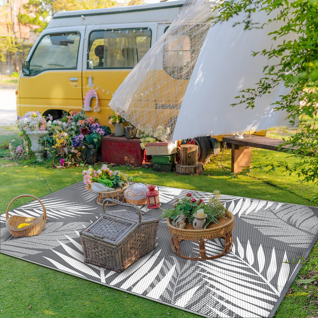 Genimo Outdoor Rug, Waterproof Plastic Rugs For Patio, 5'X8' Grey White | Outside Larger Leaf Carpet Mat For Porch Decor, Deck, Balcony, Camping, Rv, Backyard, Picnic, Beach, Reversible, Foldable