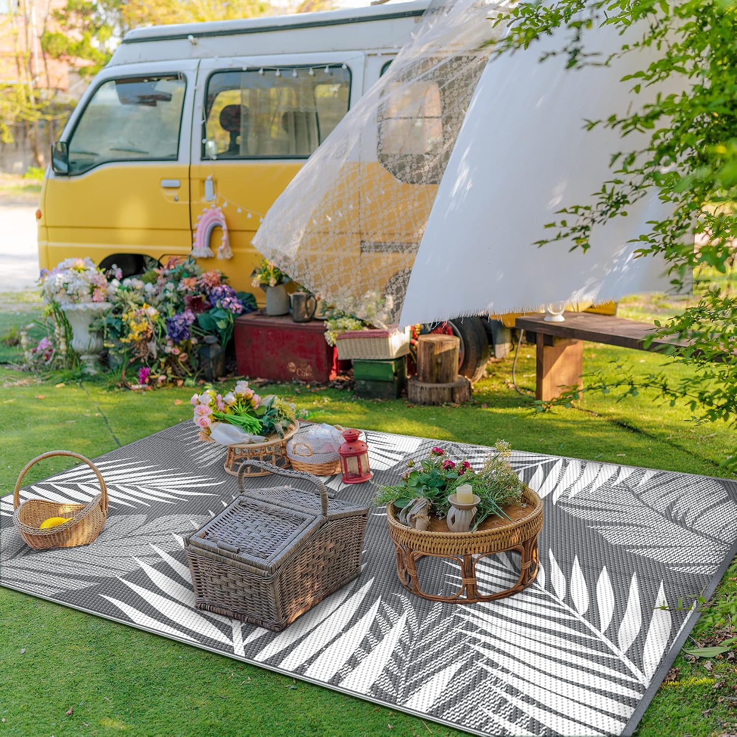 Genimo Outdoor Rug, Waterproof Plastic Rugs For Patio, 5'X8' Grey White | Outside Larger Leaf Carpet Mat For Porch Decor, Deck, Balcony, Camping, Rv, Backyard, Picnic, Beach, Reversible, Foldable