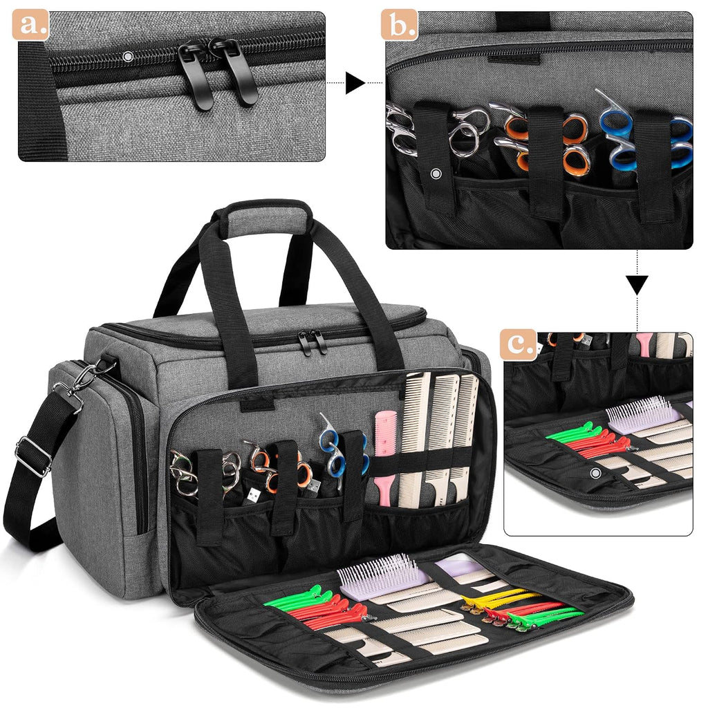 Large Capacity Hairdresser Bag With Adjustable Dividers, Travel Barber Case Holds Various Hair Cutting Tools (No Accessories), Gray