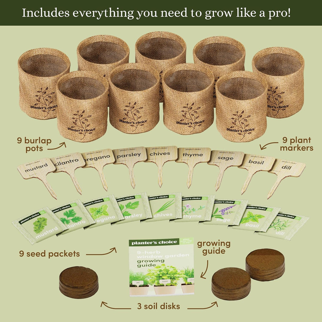 Planters' Choice 9 Herb Indoor Window Garden Kit - Birthday Gifts - House Plants Seeds - Best Unique Gift Ideas For Women, Mom, Friend, Her, Housewarming, Mother - Live Plant Starter, Gardening Lovers