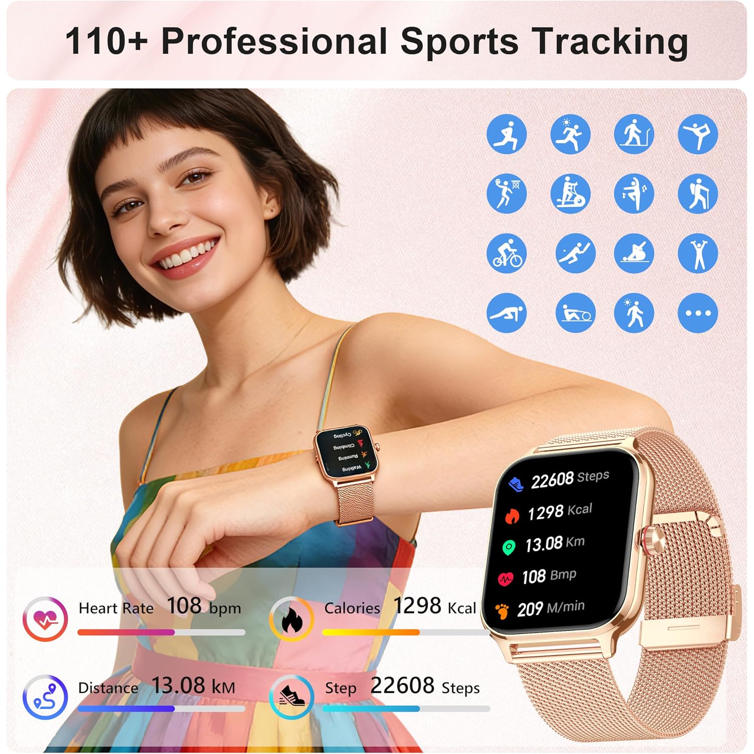 Smart Watch For Women & Men, 2026 New 1.96’’ Reloj Inteligente Para Mujer Answer/Make Calls, Blood Pressure, Hr, Sleep Monitor, 110+ Sport Modes, Voice Assistant Fitness Watch For Ios Android Phone