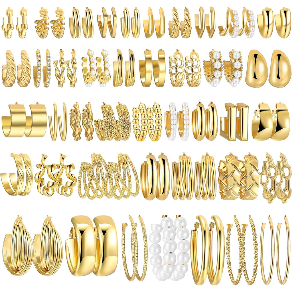 42 Pairs Gold Hoop Earrings Set for Women, Hypoallergenic Multipack Small to Chunky Hoops, Pearl & Twisted Trendy Earrings for Everyday Wear & Mothers Day Gifts