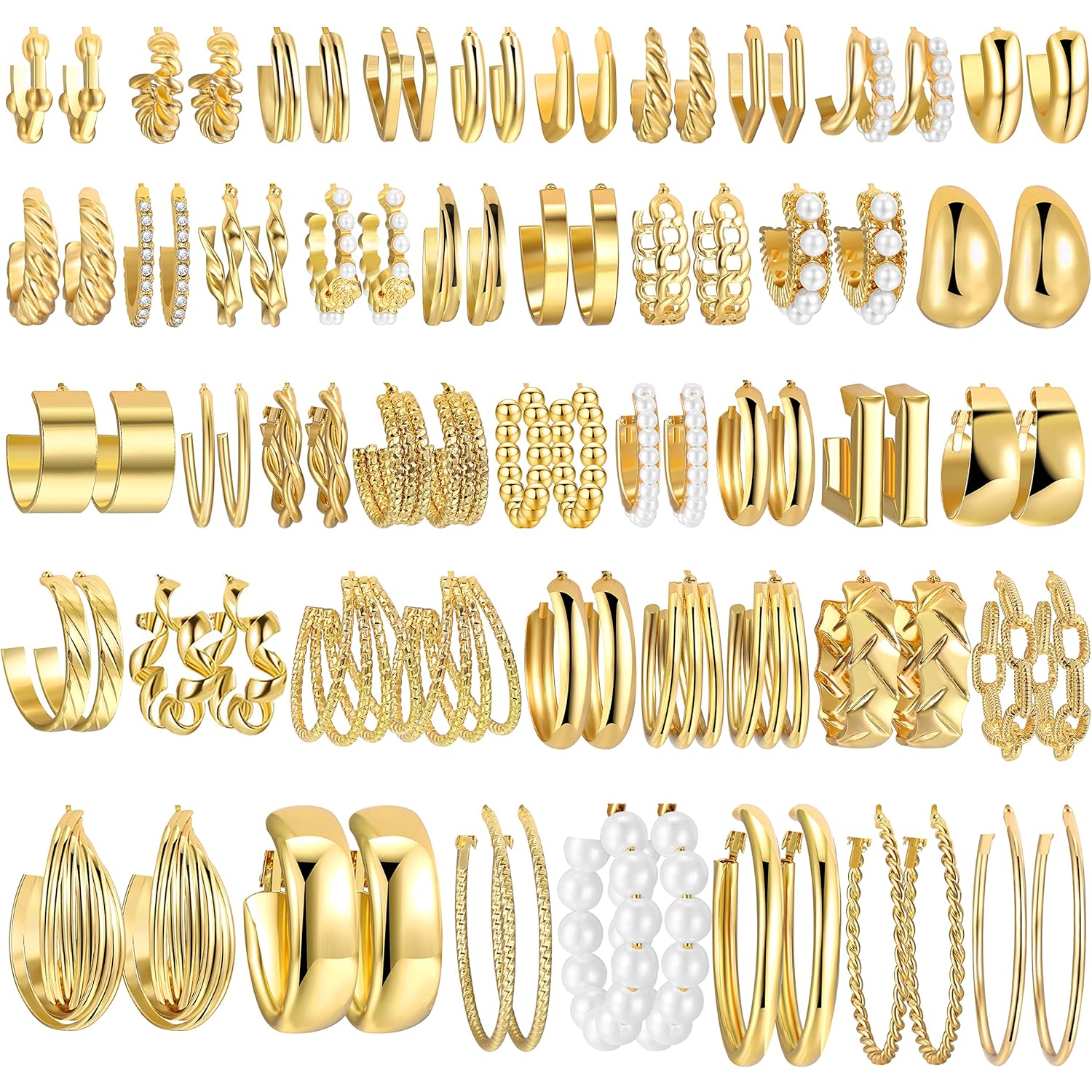 42 Pairs Gold Hoop Earrings Set for Women, Hypoallergenic Multipack Small to Chunky Hoops, Pearl & Twisted Trendy Earrings for Everyday Wear & Mothers Day Gifts